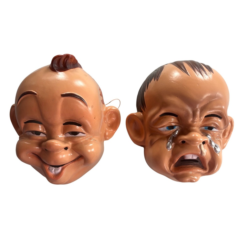 Vintage Baby Face Masks Set Crying and Smiling Plastic Halloween Costume Decor